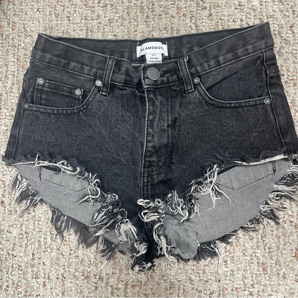 Urban Outfitters Glamorous Black Distressed Frayed Cut off Denim Shorts